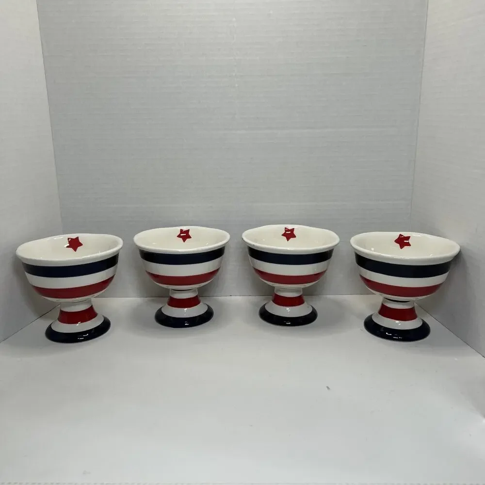 Grace's Teaware ICE CREAM Dessert Bowl Ceramic Blue Red White Striped Qty 4